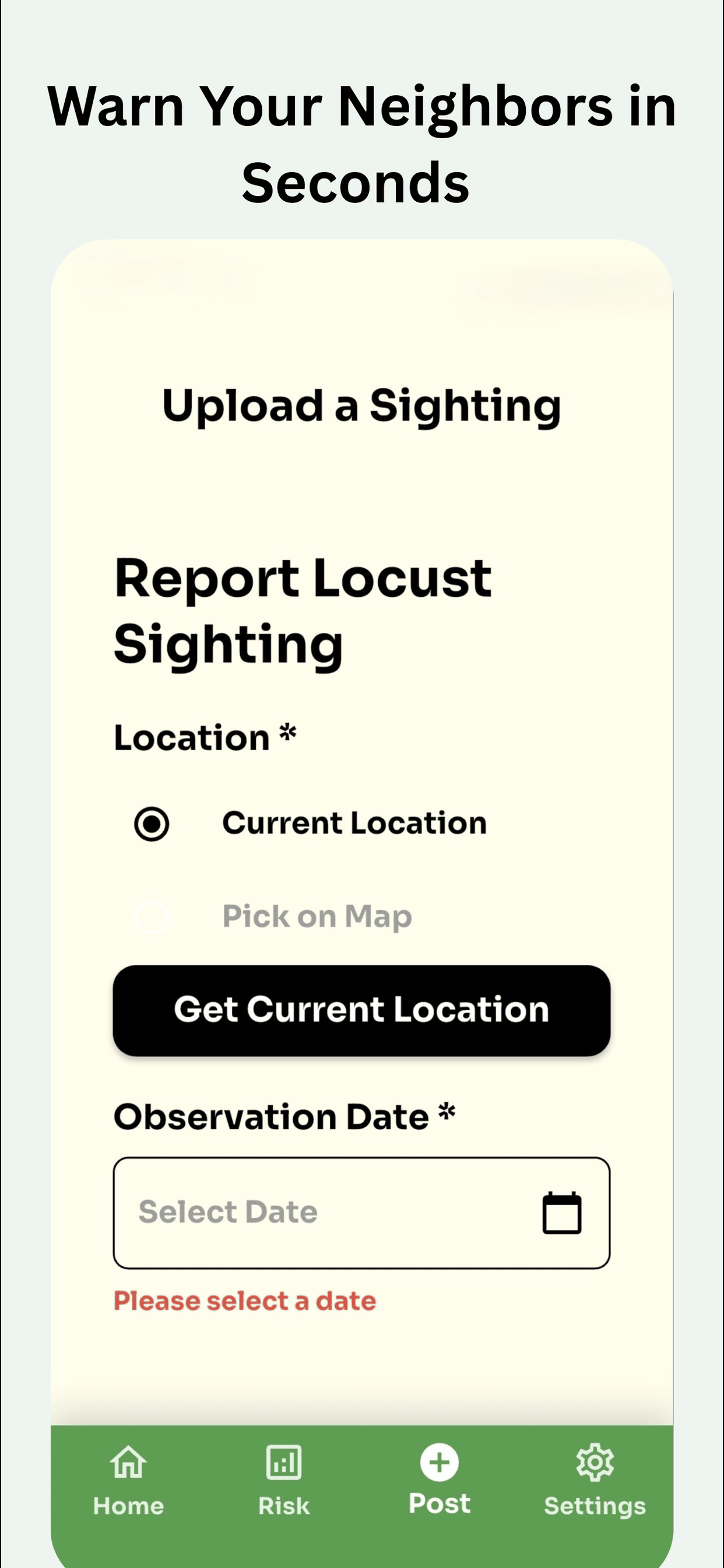 AcreScope report a sighting screen